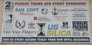 Banner recognizing the 2026 sponsors of the Bayshore Center at Bivalve's 2nd Friday on the Bay community event series, featuring local businesses and organizations that support free monthly events.
