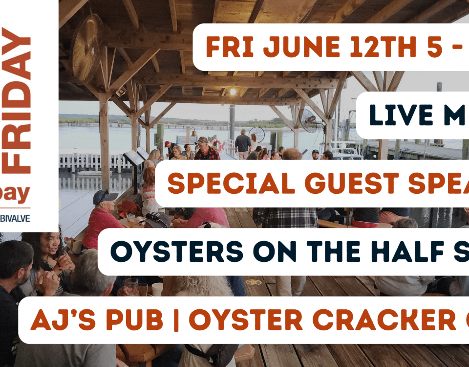 Flyer for 2nd Friday Bivalve NJ on June 12, 2026 featuring live music, guest speaker Rita Rothberg, oysters on the half shell, AJ’s Pub, and Oyster Cracker Cafe at Bayshore Center at Bivalve.