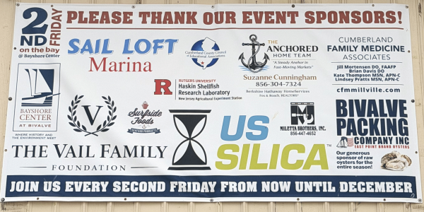 2026 2nd Friday on the Bay Event Sponsors | Bayshore Center at Bivalve Banner recognizing the 2026 sponsors of the Bayshore Center at Bivalve's 2nd Friday on the Bay community event series, featuring local businesses and organizations that support free monthly events.