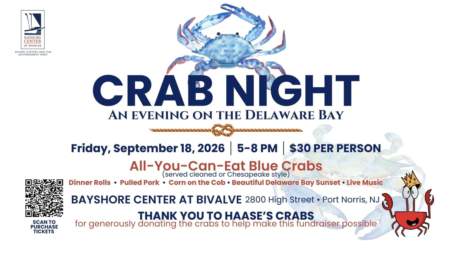 Crab Night 2026 event flyer for the Bayshore Center at Bivalve featuring a watercolor blue crab, event details for Friday, September 18, 2026, all-you-can-eat local blue crabs, live music, sunset views, and a QR code to purchase tickets.