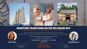 Flyer for Maritime Traditions on the Delaware Bay at Cold Spring Brewery featuring Rachel Dolhanczyk with her book, photos from a previous book signing, the Cold Spring Brewery building, and details for the August 6, 2026 presentation.