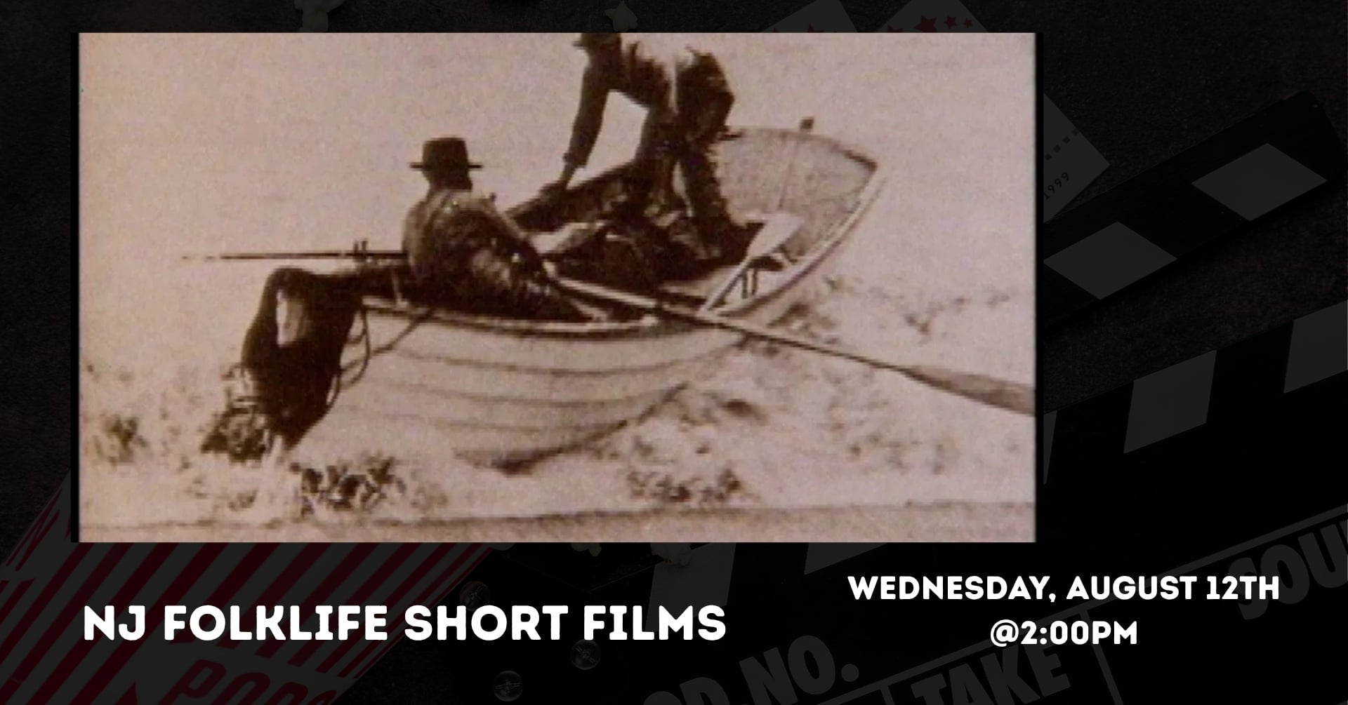 Promotional graphic for the Bayshore Center at Bivalve's August Wednesday Film Feature, NJ Folklife Short Films, on Wednesday, August 12 at 2:00 PM.