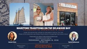Flyer for Maritime Traditions on the Delaware Bay at Ostara's Coffee House featuring Rachel Dolhanczyk with her book, photos from previous book signings, the A.J. Meerwald, and event details for September 16, 2026.